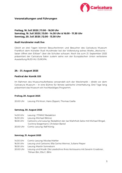 Vorschau: Ausstellungen, Veranstaltungen, Führungen